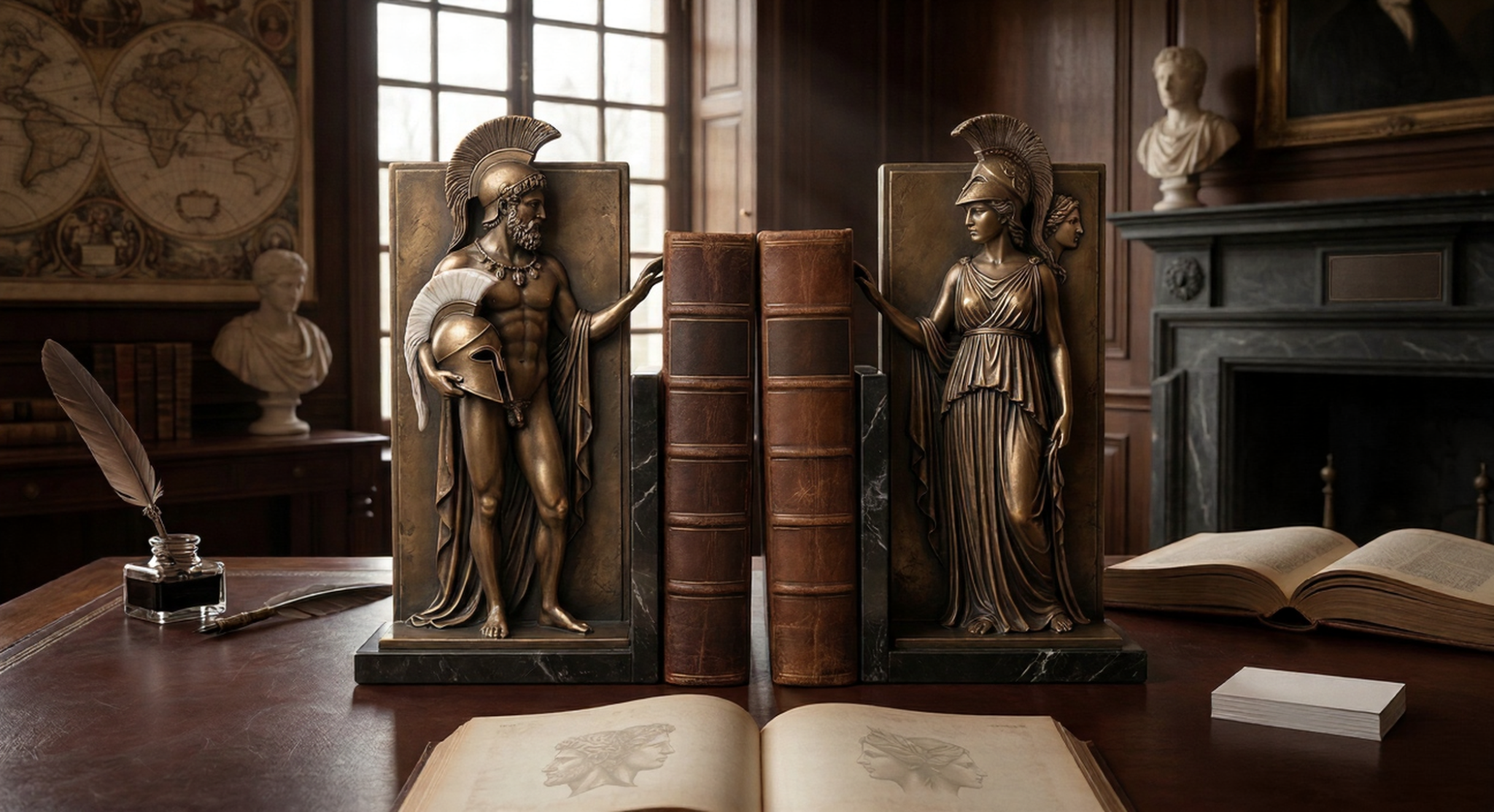 Classical bronze figures representing discipline and balance